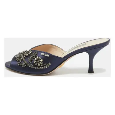 Prada Navy Blue Satin Crystal Embellished Slide Sandals Size