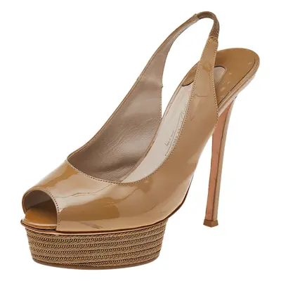 Le Silla Beige Patent Leather Peep Toe Slingback Sandals Size