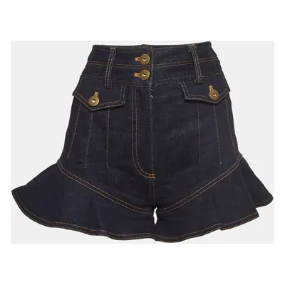 Self-Portrait Dark Blue Denim High Waist Flounced Shorts