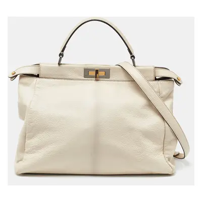 Fendi Beige Leather Large Peekaboo Top Handle Bag