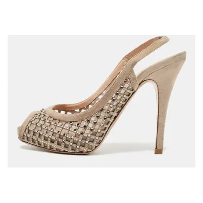 Valentino Beige Crystal Embellished Suede and Mesh Peep Toe Slingback Pumps Size 36.5