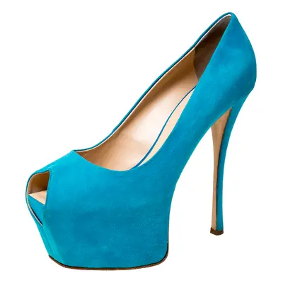 Guisuppe Zanotti Blue Suede Liza Peep Toe Platform Pumps Size