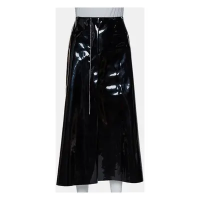 Marni Black Faux Patent Leather Hanging Thread Detail Midi Skirt