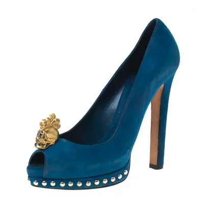 Alexander McQueen Blue Suede Crystal Embellished Skull Peep Toe Platform Pumps Size 39.5