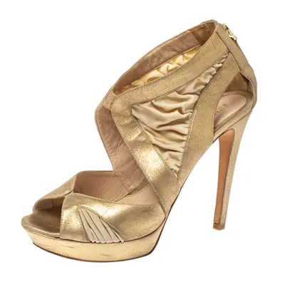 Fendi Metallic Beige Leather and Fabric Platform Sandals Size