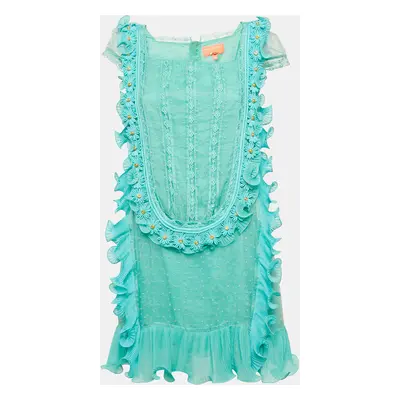 Manoush Sea Green Embellished Silk Ruffle Detail Short Dress