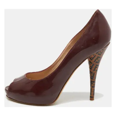 Fendi Burgundy Patent Leather Zucca Print Heel Peep Toe Pumps Size