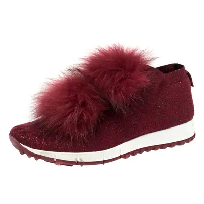 Jimmy Choo Burgundy Knit Fabric And Fur Pom Pom Norway Sneakers Size