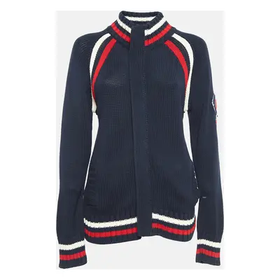 Dolce & Gabbana Navy Blue Applique Rib Knit Zip-Up Jacket