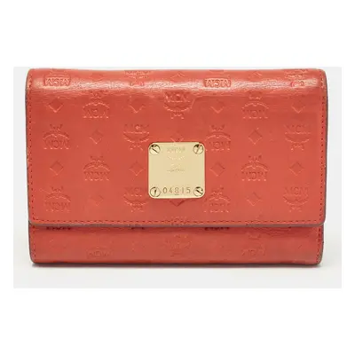 MCM Brick Red Visetos Embossed Leather Trifold Wallet