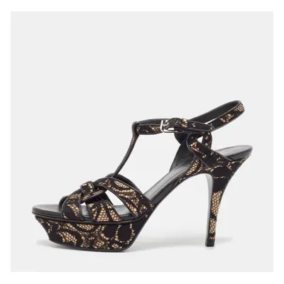 Saint Laurent Black/Beige Lace and Satin Tribute Sandals Size 38.5