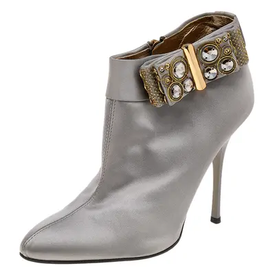 Roberto Cavalli Grey Satin Bow Embellished Ankle Length Boots Size