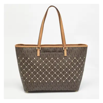 Michael Kors Brown Signature Coated Canvas and Leather Jet Set Violet Tote