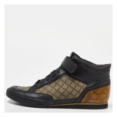 Gucci Black/Beige Leather and Diamante Canvas High Top Sneakers Size