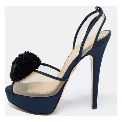 Charlotte Olympia Blue Suede Trim And Mesh Pomoline Pom Pom Platform Sandals Size