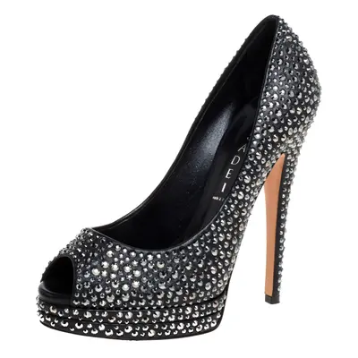 Casadei Black Leather Swarovski Crystal Embellished Peep Toe Pumps Size