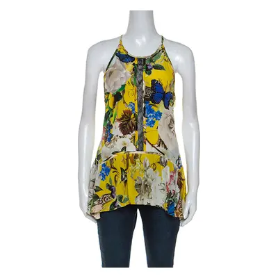 Roberto Cavalli Yellow Printed Silk Lace Detail Halter Top