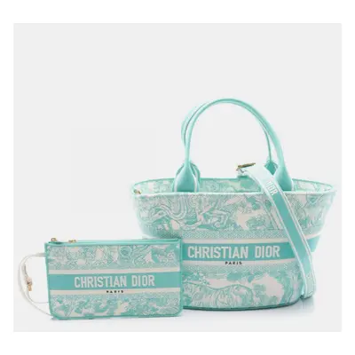 Christian Dior Green White Canvas Dior IVIERA Panier Chapeau Toile de Jouy Embroidery Tote Bag