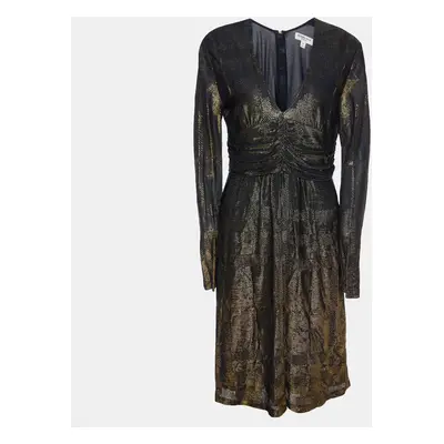 Burberry Gold Metallic Knit Ruched Long Sleeve Dress