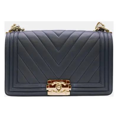 Chanel Navy Blue Lambskin Leather Chevron Boy Shoulder Bag