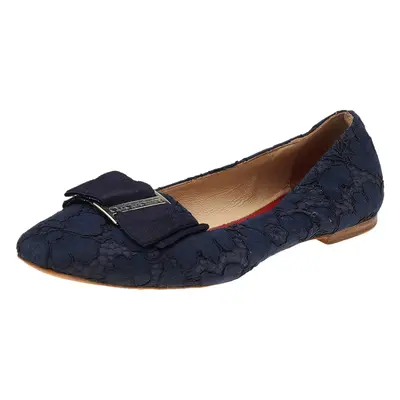 CH Carolina Herrera Blue Lace And Fabric Bow Loafers Size