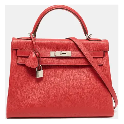 Hermès Rouge Casaque Togo Leather Palladium Finish Kelly Retourne Bag