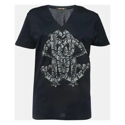 Roberto Cavalli Navy Blue Logo Print Cotton V-Neck Half Sleeve T-Shirt