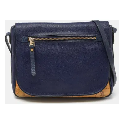 Alviero Martini 1A Classe Tan/Blue Geo Print Coated Canvas and Leather Crossbody Bag