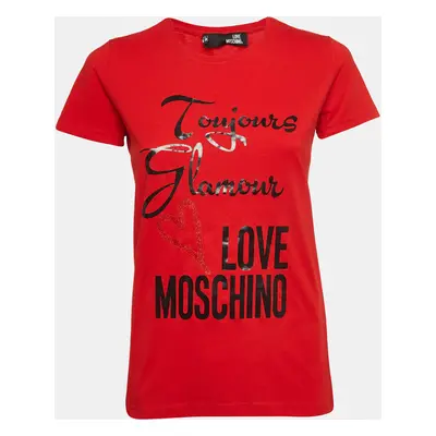 Love Moschino Red Printed Cotton Knit Crew Neck T-Shirt