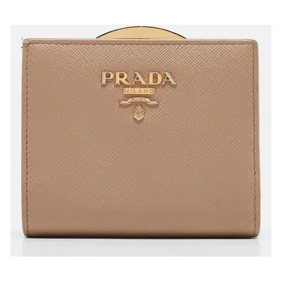 Prada Beige Saffiano Metal Leather Frame Compact Wallet