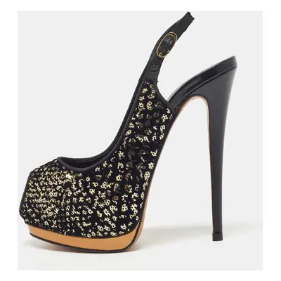 Guiseppe Zannotti Black/Gold Sequins and Velvet Peep Toe Slingback Platform Sandals Size