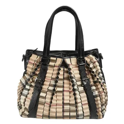 Burberry Black/Beige House Check PVC and Patent Leather Lowry Ruffled Tote