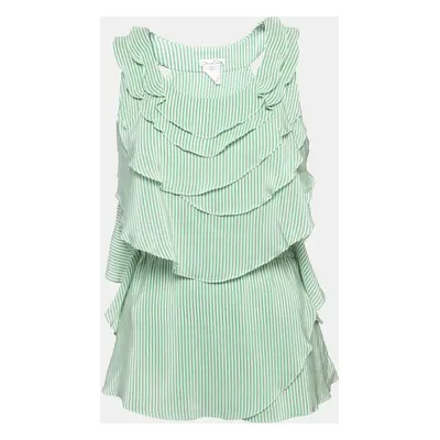 Oscar de la Renta White/Green Striped Silk Ruffled Sleeveless Top