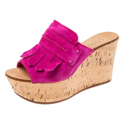 Casadei Pink Suede Tassel Open Toe Cork Platform Wedge Sandals Size