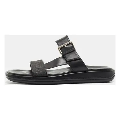 Louis Vuitton Black Leather and Logo Canvas Slide Sandals Size 44.5