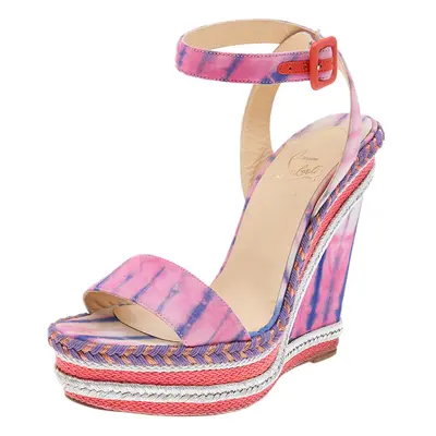 Christian Louboutin Multicolor Fabric New Duplice Ankle Strap Wedges Platform Sandals Size