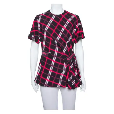 Kenzo Black Plaid Pattern Printed Crepe Waist Inset Tie Detail Top