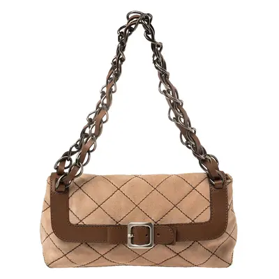 Moschino Beige/Brown Suede And Leather Buckle Flap Shoulder Bag