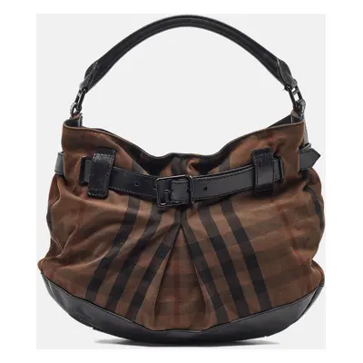 Burberry Black/Brown Housecheck Canvas and Leather Buckle Hobo