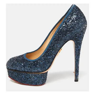 Charlotte Olympia Blue Glitter and Fabric Priscilla Platform Pumps Size