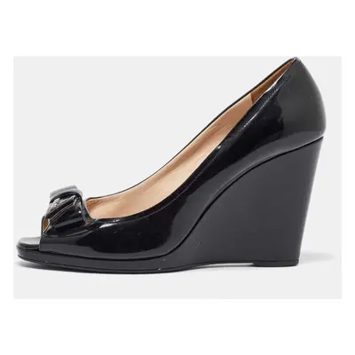 Prada Black Patent Leather Bow Peep Toe Wedge Pumps Size