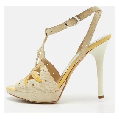 Dior Off White/Yellow Embossed Python and Patent Leather Platform Ankle Wrap Sandals Size 38.5