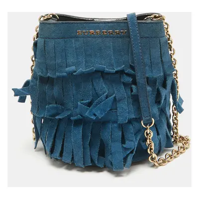 Burberry Blue Suede Mini Fringe Bucket Bag