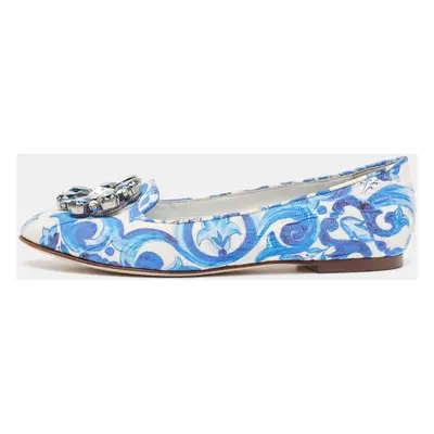 Dolce & Gabbana White/Blue Printed Fabric Taormina Ballet Flats Size