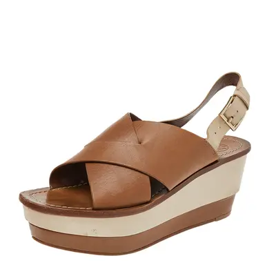 Tory Burch Brown/Beige Leather Platform Wedge Slingback Sandals Size 38.5