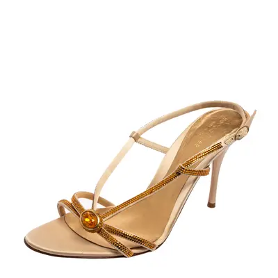 Sergio Rossi Gold Crystals Embellished Satin Slingback Sandals Size