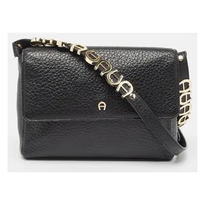 Aigner Black Pebbled Leather Flap Shoulder Bag