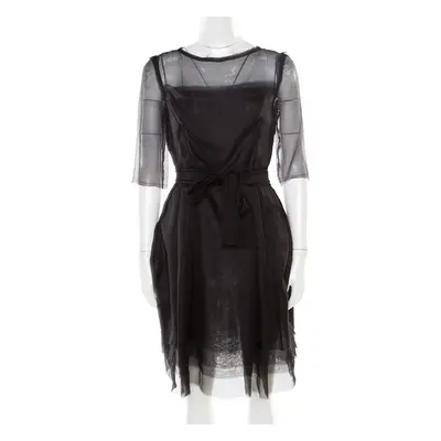 Lanvin Black Silk Organza Raw Edge Detail Sheer Yoke Layered Dress