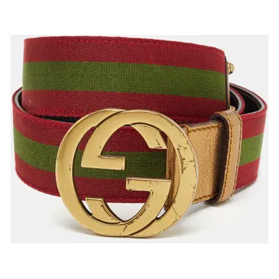 Gucci Burgundy Leather and Web Detail Interlocking GG Buckle Belt