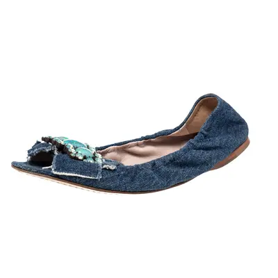 Miu Miu Blue Denim Crystal Embellished Ballet Flats Size